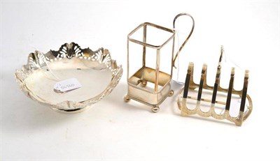 Lot 481 - Silver pedestal bowl, silver toast rack and a silver holder (3)