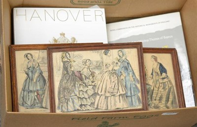 Lot 483 - Six framed early Victorian fashion plates, a Sotheby's catalogue and a York Minster book