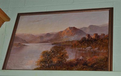 Lot 525 - A 19th century oil on canvas of a lake scene with a ruined castle (a.f.)