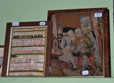 Lot 528 - Victorian framed alphabet sampler, woolwork picture of flowers and another of an elderly couple...