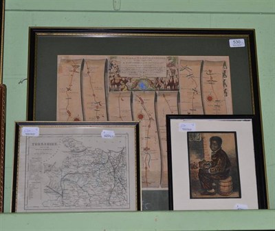 Lot 530 - A Baxter print of a negro boy seated; a London to Carlisle coaching map and a map of Yorkshire