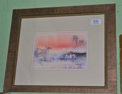 Lot 532 - Patricia Al Fakhri, Camel Riders, watercolour, signed, 55cm by 75cm