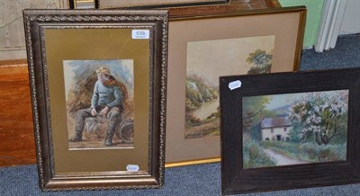 Lot 539 - Newlyn School watercolour of a fisherman, indistinctly signed, possibly by Walter Langley, together