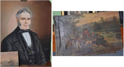 Lot 544 - Andrew Tait, a huntsman and otter hounds by a river, signed oil on canvas, together with a...