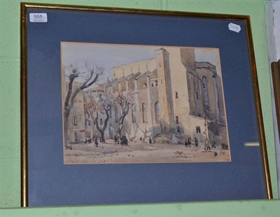 Lot 555 - Frederick (Fred) Lawson (1888-1968) French square with a church and figures, signed, watercolour