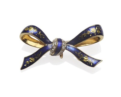 Lot 438 - An 18 Carat Gold Bow Brooch, enamelled in blue, picked out with floral decoration, and set with...