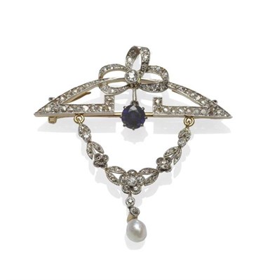 Lot 440 - An Early 20th Century Style Sapphire and Diamond Brooch, the open centred piece with bow motif...