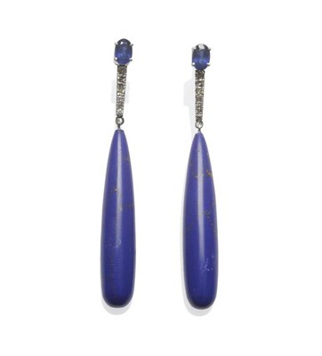 Lot 444 - A Pair of Sapphire, Diamond and Lapis Lazuli Type Drop Earrings, an oval cut sapphire suspends...