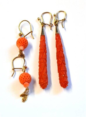 Lot 446 - A Pair of Coral Drop Earrings, carved drops on hook fittings, drop length 6cm and A Pair of...