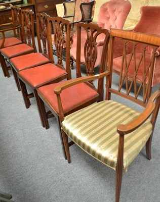 Lot 666 - Set of five mahogany dining chairs with pierced splat backs and Edwardian inlaid armchair (6)