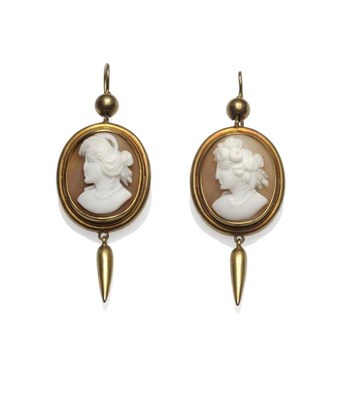 Lot 448 - A Pair of Victorian Cameo Drop Earrings, a bead suspends an oval cameo depicting portraits of...