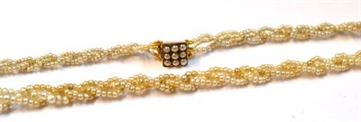 Lot 457 - An Entwined Seed Pearl Necklace, three strands of seed pearls plaited to a square clasp set...