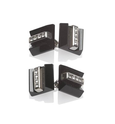 Lot 458 - A Pair of Onyx and Diamond Cufflinks, the chain linked square onyx each with a central valley,...