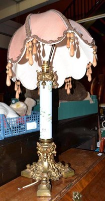 Lot 804 - Ormolu French glass column table lamp and beaded shade