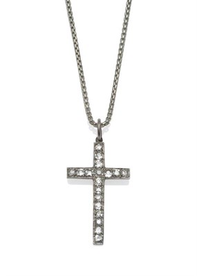 Lot 461 - A Diamond Cross Pendant on A Silver Chain, the cross inset with eighteen old cut diamonds in...