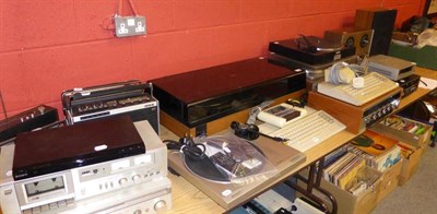 Lot 884 - Four portable radios, speaker, four deck players, Akai tape recorder, etc