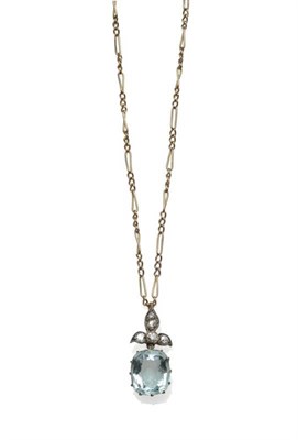 Lot 489 - An Aquamarine and Diamond Pendant on Chain, the cushion cut aquamarine in yellow claw settings...