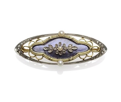 Lot 492 - An Enamel, Seed Pearl and Diamond Brooch, the lozenge shape with a guilloche enamel centre of...