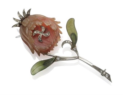 Lot 493 - A Continental Hardstone Floral Brooch, a carved pink stone as the flowerhead, with green...