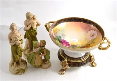 Lot 10 - Three Royal Dux figures and a Noritake bowl on stand
