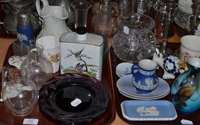 Lot 12 - Two trays of assorted decorative ceramics, coloured glassware, jasperware etc