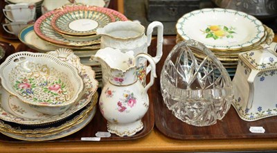 Lot 13 - Assorted decorative ceramics, cabinet plates, jugs, cut glass oval bowl, etc (two trays)