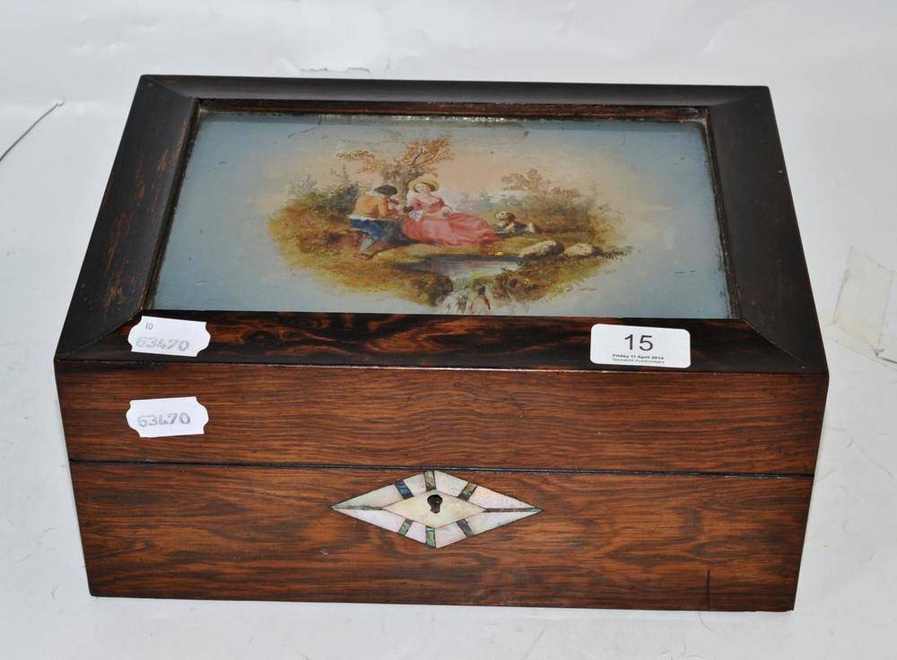 Lot 15 - 19th century rosewood jewellery box with reverse painting on glass to the hinged cover...