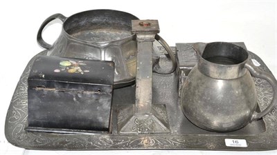 Lot 16 - Papier mâché hinged tea caddy, Osiris Art Nouveau style twin handled planter, pewter...