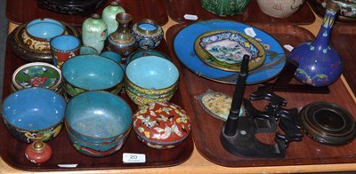 Lot 20 - Two trays of Chinese cloisonné enamel including dishes, bowls, a bottle vase, a bird...