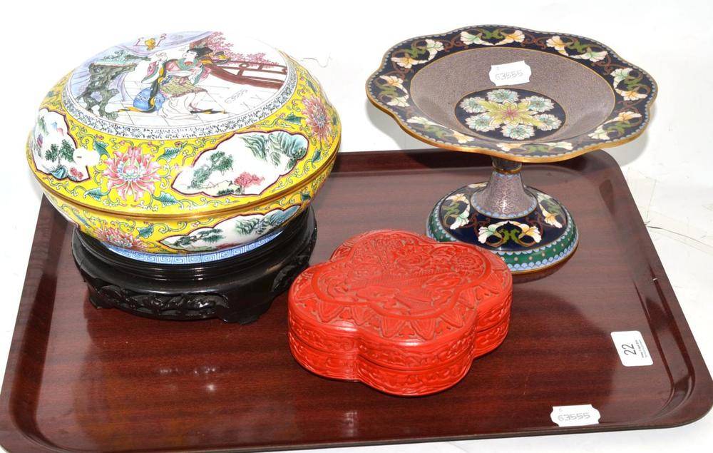 Lot 22 - A Canton enamel large yellow ground bowl and cover, a Chinese cloisonné enamel tazza and a...