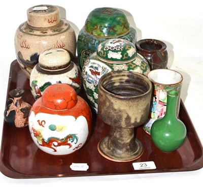 Lot 23 - A tray of Oriental ceramics including a crackle glaze ginger jar and cover, Cantonese beaker...