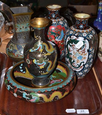 Lot 24 - A pair of Chinese cloisonné enamel vases, another vase and bowl and a Chinese champlevé...