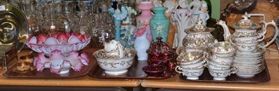 Lot 31 - Three trays including three Victorian pink and white opaque glass dishes, a Rockingham style...