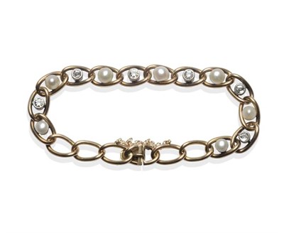 Lot 497 - An Early 20th Century Button Pearl and Diamond Set Curb Bracelet, button pearls alternate with...