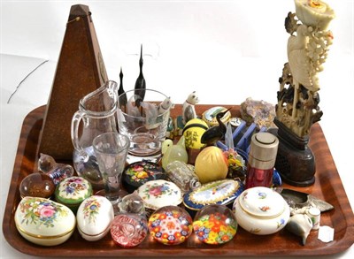 Lot 35 - Tray of assorted collectable items, glass paperweights, etched glass signed M Walsh, metronome,...