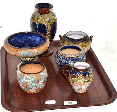 Lot 39 - Doulton Lambeth pedestal bowl and other squat vases etc (6)