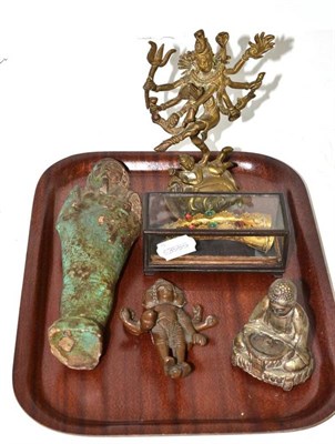 Lot 41 - An Egyptian shabti, three small bronze deities and a cased pair of jewelled finger ornaments