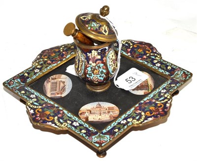 Lot 53 - A Continental champlevé enamel and micro-mosaic inkstand and a hand seal
