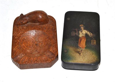 Lot 57 - Mouseman ashtray and Russian papier mâché hinged box decorated with a female water...