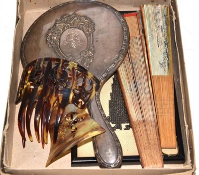 Lot 60 - Silver hair comb, two fans, silver hand mirror, various hair combs etc