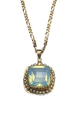 Lot 500 - A Moonstone Type Stone and Simulated Pearl Pendant on Chain, the square faceted opalescent stone in