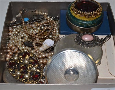 Lot 75 - Two silver compacts, assorted costume jewellery and simulated pearls etc