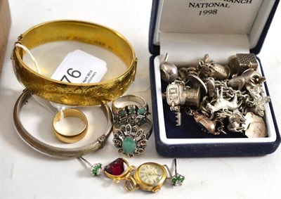 Lot 76 - A silver charm bracelet, another and assorted charms, a 9ct gold band ring, dress rings,...