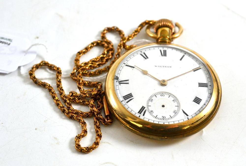 Lot 82 - An open faced plated Waltham pocket watch and a watch chain with clasp inscribed '9ct'