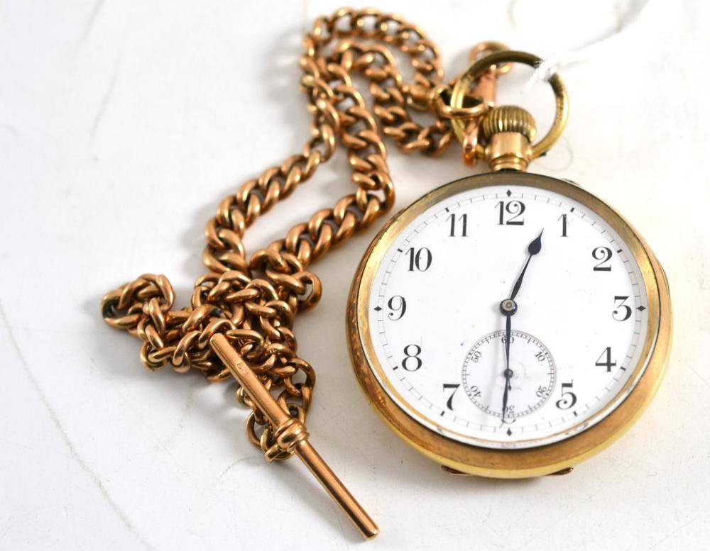 Lot 87 - An open faced plated pocket watch and a watch chain with T-bar stamped '9c'