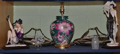 Lot 97 - A Lalique scent bottle, another, a lamp, two ceiling shades and two figures