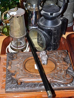 Lot 115 - Two railway lamps, two carved oak frames, carved oak blotter and silver mounted cane, and a...