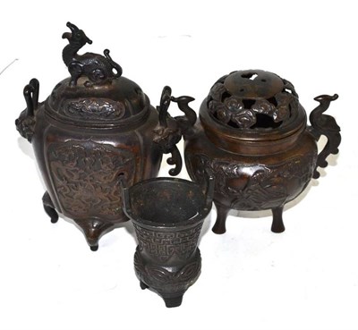 Lot 117 - Two Chinese bronze koros and covers and an archaic style small vase