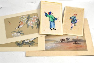 Lot 129 - Three Chinese painted pith pictures, two painted silks with seal marks and an English school...
