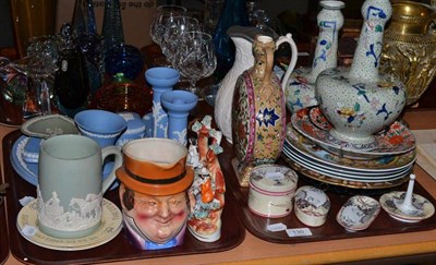 Lot 130 - Wedgwood jasperware, Victorian relief decorated vase, pair of Coronaware vases, decorative...